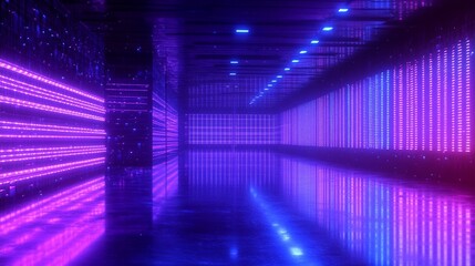 Abstract Digital Artwork Vibrant Neon Lights Cyberpunk Room Reflective Floor