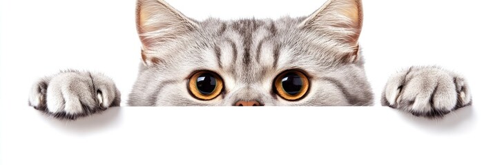 Fototapeta premium A curious cat peeking over a surface, showcasing its expressive eyes and fluffy fur.