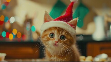 A cute kitten wearing a red hat