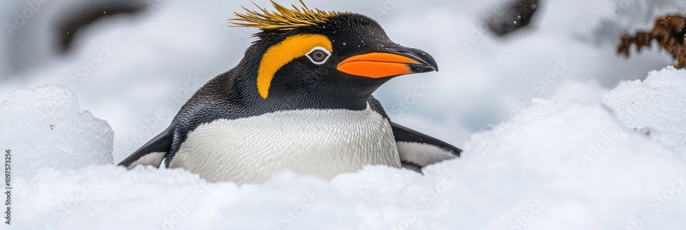 Aufkleber a close-up of a penguin with distinctive features in a snowy environment.