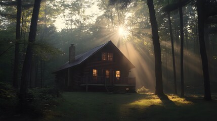 A cozy log cabin in a misty forest with sunlight streaming through the trees.