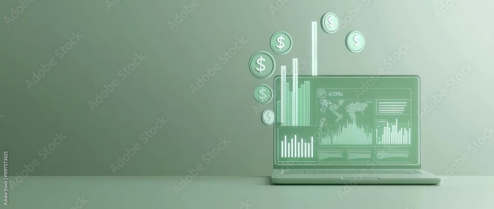 Poster digital laptop displaying financial data and graphs with dollar signs.