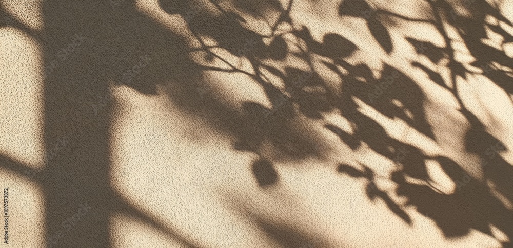 Poster sunlight and shadow patterns on beige wall from tree leaves for nature inspired design serenity and 