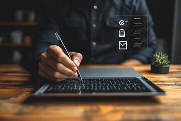 Businessman using touchscreen to approve document for project acceptance and quality assessment in online survey and evaluation