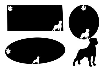 Set of graphic design resources themed around guard dogs, featuring silhouettes resembling Rottweilers, Boxers, or Bullmastiffs