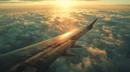 Naklejka premium porthole, airplane wing, light clouds, sunny weather, travel