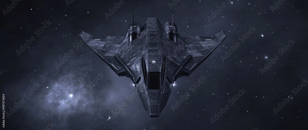 Poster a futuristic spacecraft navigating through a starry space environment.