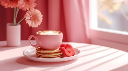 A cozy pink breakfast setting with fluffy pancakes, a latte, and fresh strawberries.