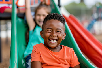 A young boy in an orange shirt is smiling and sitting on a green slide