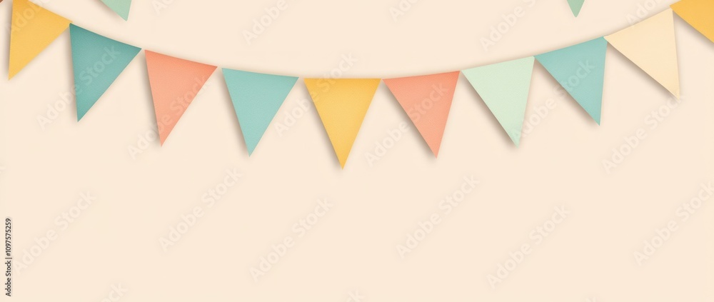 Poster a decorative banner with colorful triangular flags against a soft background.