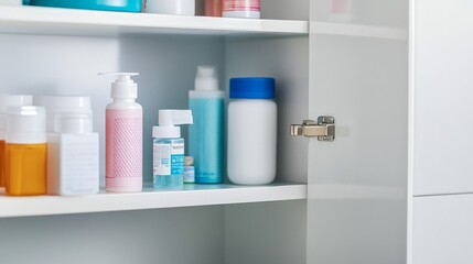 Empty medicine cabinet shelves reveal a life free from dependency, symbolizing health and self-reliance. Emptiness as a sign of wellness and proactive lifestyle choices.