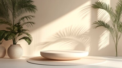 Fototapeta premium Serene Minimalist Studio Display: Beige Platform with Tropical Plants and Sunlight Shadows