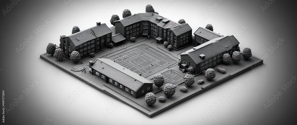 Poster a monochromatic 3d model of a school complex with surrounding trees and parking area.