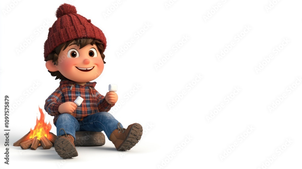 Poster a cheerful child in a beanie enjoys roasting marshmallows by a campfire.