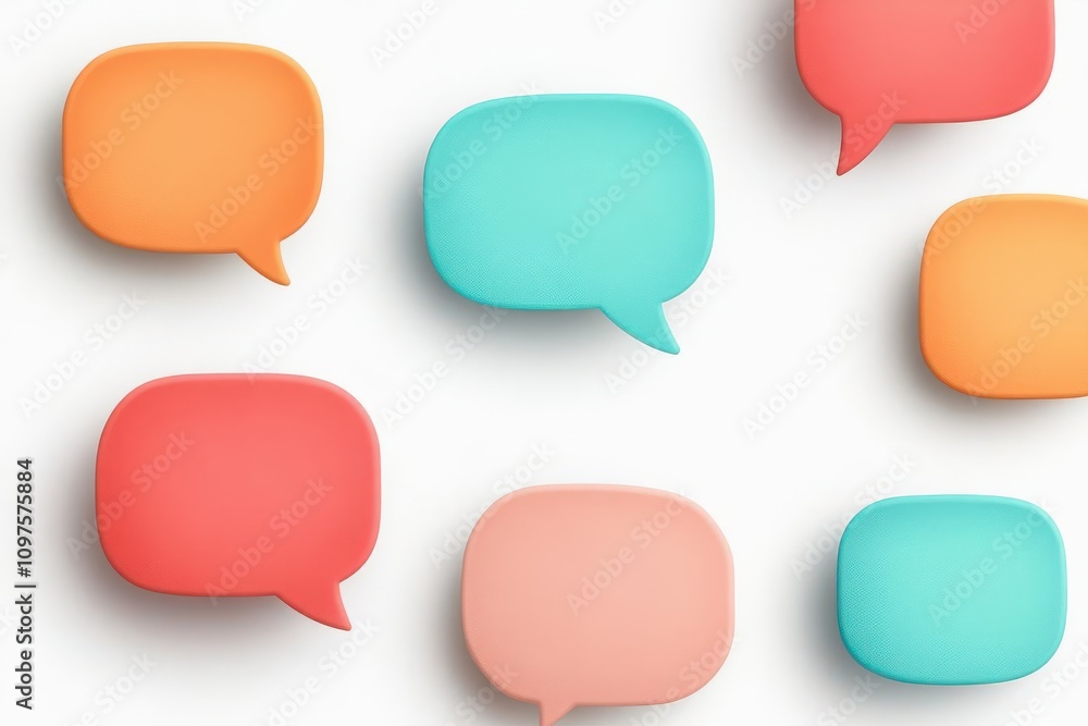 Poster colorful speech bubbles in various shapes, illustrating communication and dialogue themes.