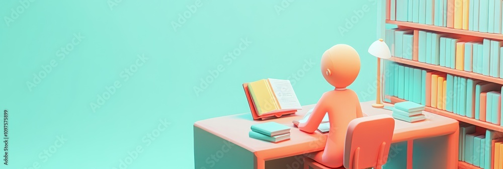 Poster a stylized character studying at a desk with books and a lamp in a colorful room.