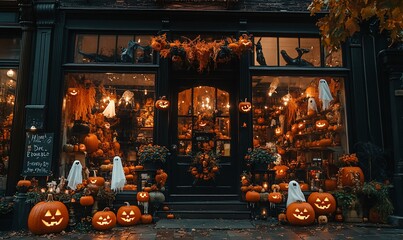 Obraz premium Halloween-themed storefront adorned with pumpkins and decorations.