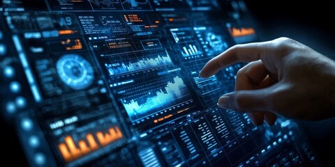 Obraz premium Futuristic Computer Screen Displaying Financial Data Charts and Graphs for Business Analytics and Reporting