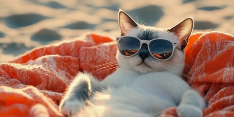 White Russian Blue cat dressed for the beach, wearing sunglasses