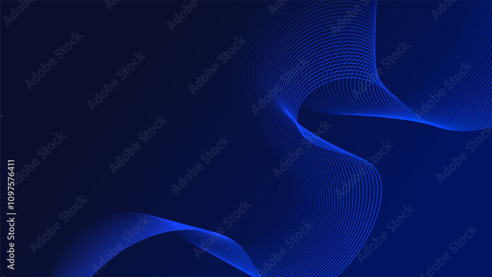 Poster Geometric curved lines in gradient blue tones forming dynamic futuristic abstract flow patterns