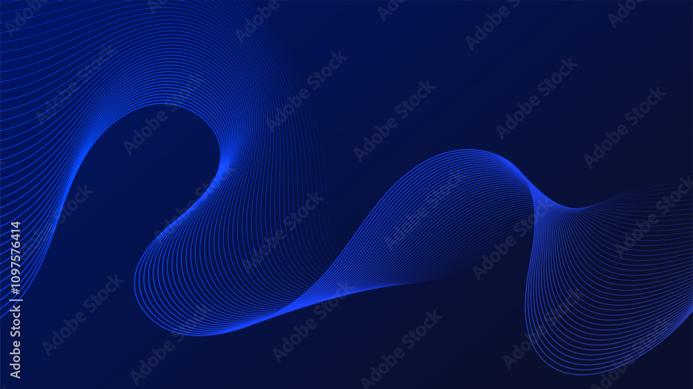 Poster Geometric curved lines in gradient blue tones forming dynamic futuristic abstract flow patterns