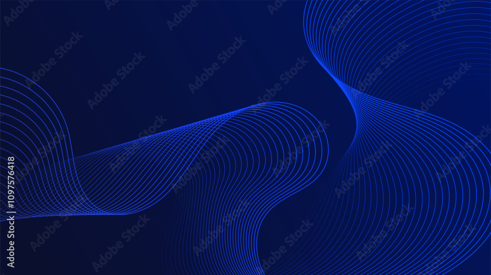 Poster Geometric curved lines in gradient blue tones forming dynamic futuristic abstract flow patterns