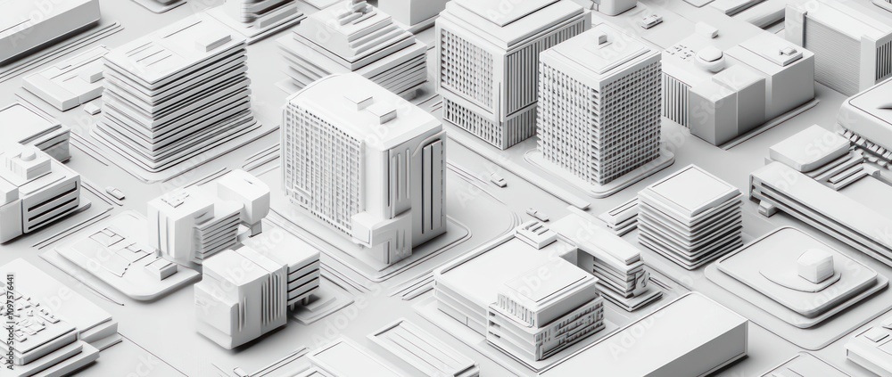 Poster a monochromatic 3d model of a cityscape featuring various buildings and structures.