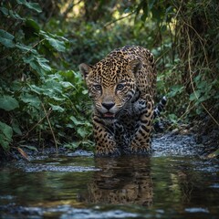 A jaguar cub drinking from a crystal-clear stream surrounded by vines.

