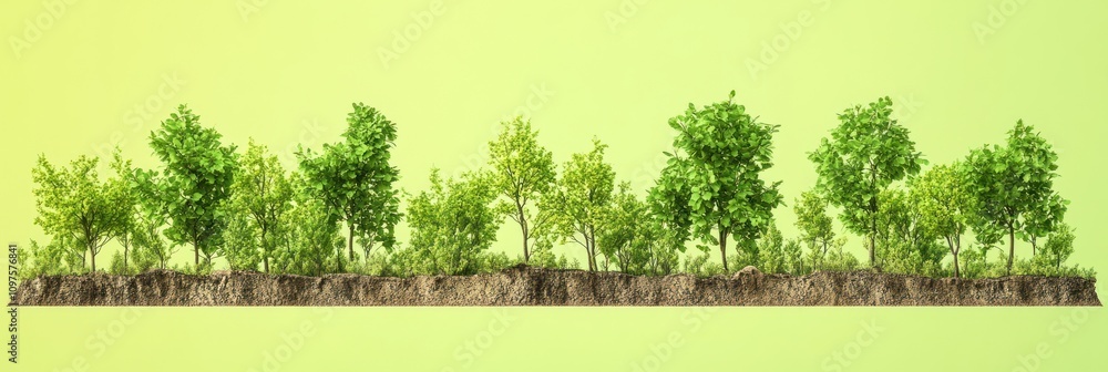 Poster a row of lush green trees on a soil base against a gradient background.