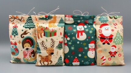 4 Christmas gift bags with snowman, reindeer and Santa Claus in cartoon style