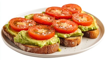A plate of crispy avocado toast topped with sliced tomatoes and a sprinkle of sea salt, Each toast creamy and packed with flavor