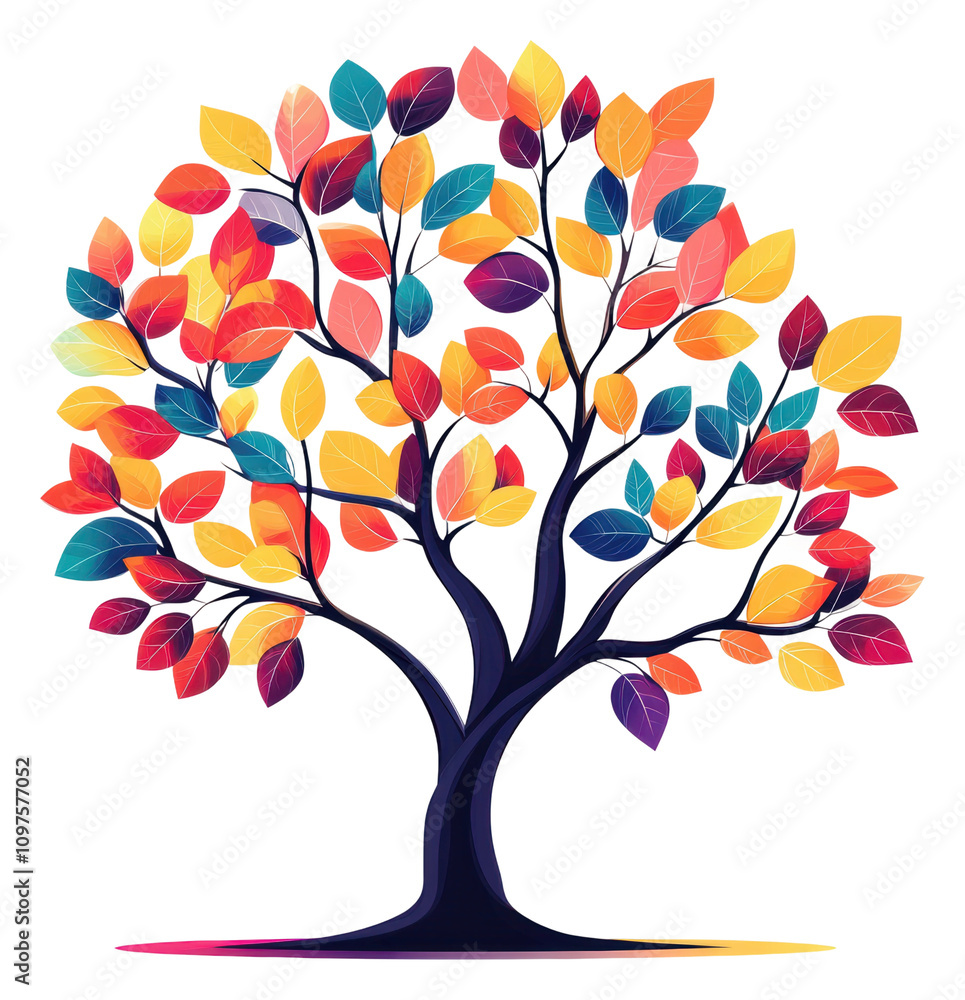 Poster vibrant flat-style tree with colorful leaves in autumn isolated on transparent background