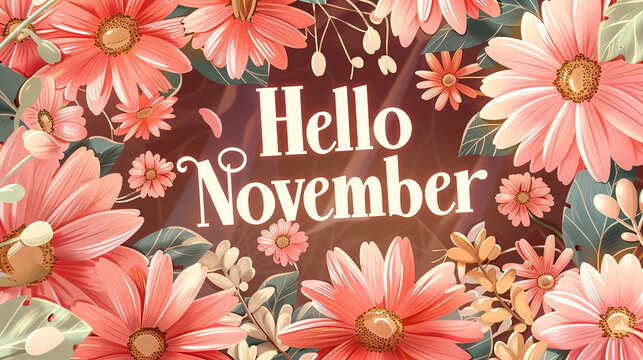 A tranquil "Hello November" message surrounded by a blend of soft and vibrant flowers against a soothing backdrop, ushering in the essence of autumn with a sense of warmth and serenity.