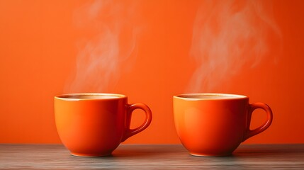 Obraz premium Two steaming orange cups of coffee on a wooden table against an orange backdrop.