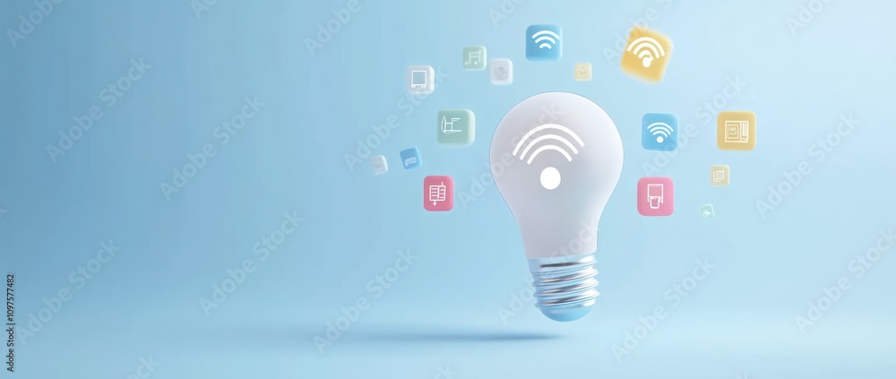 Poster a light bulb surrounded by colorful icons representing connectivity and technology.