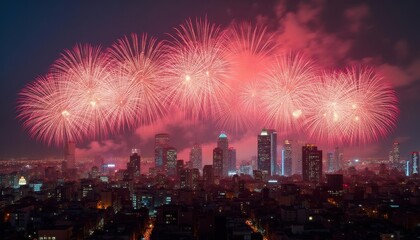 Obraz premium Spectacular Fireworks Display Over a Modern City Skyline at Night: A Breathtaking Celebration of Light and Color