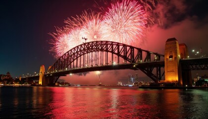 Obraz premium Spectacular Fireworks Display over Sydney Harbour Bridge at Night: A Breathtaking New Year's Eve Celebration in Australia