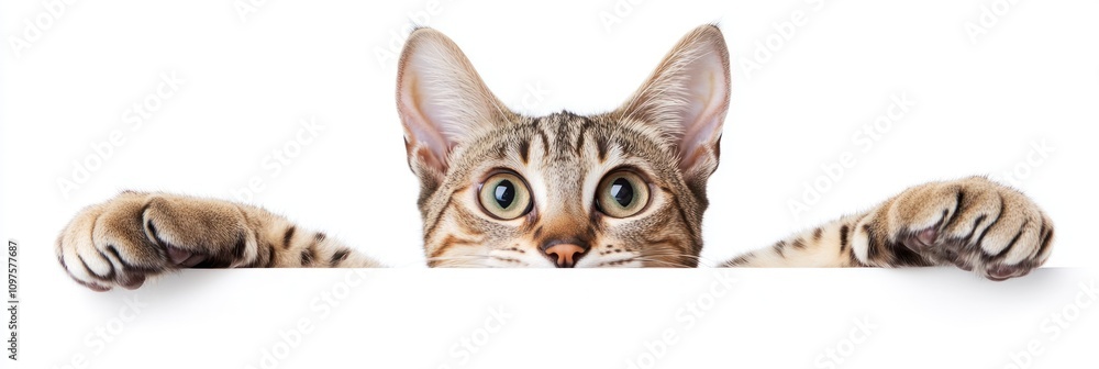 Poster a curious cat peeking over a ledge, showcasing its playful expression.