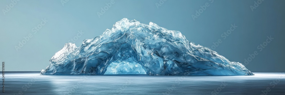 Poster a large, translucent ice structure floating in calm water, illuminated by soft light.