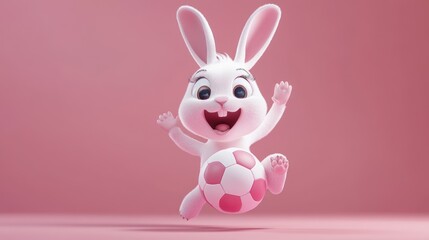 A cheerful cartoon rabbit joyfully playing with a soccer ball against a pink background.