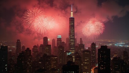 Obraz premium Spectacular Fourth of July Fireworks Display Over the New York City Skyline, Featuring the Iconic Skyscrapers at Night: A Breathtaking Aerial View of Celebration and Urban Majesty