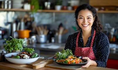 Happy woman chef presents healthy meal.