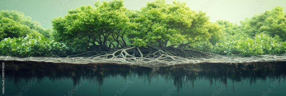 Poster lush mangrove ecosystem with visible roots and reflection in calm water.