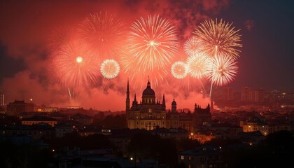 Naklejka premium Spectacular Fireworks Display Over the Cityscape at Night: A Stunning Celebration in the City's Heart