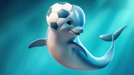 A playful dolphin wearing a soccer ball as a hat, swimming in a vibrant underwater scene.