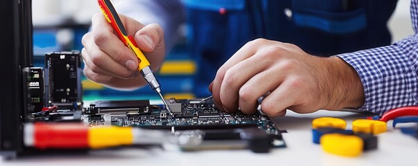 A technician repairs a circuit board, using a screwdriver and tools, showcasing hands-on electronic maintenance.