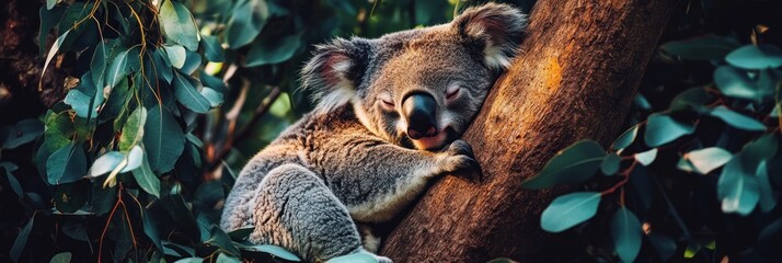 Obraz premium A koala resting on a tree branch surrounded by eucalyptus leaves.