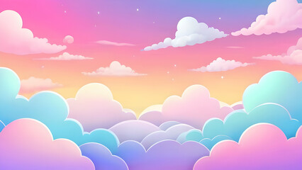 Abstract kawaii Cloudy Colorful Sky background. Soft gradient pastel Comic graphic. Concept for wedding card design or presentation