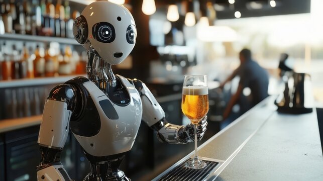 Robotic bartender with beer in the future bar.