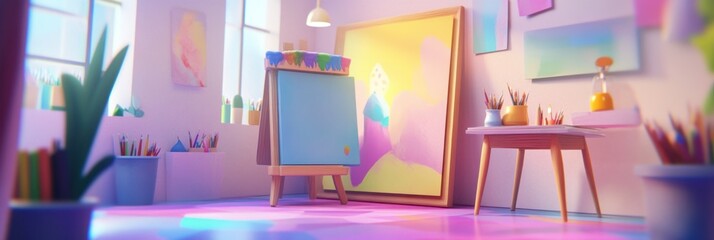 A colorful art studio featuring an easel, vibrant paintings, and art supplies.